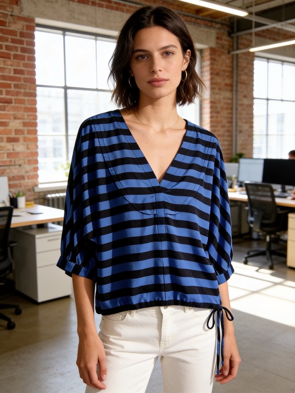 BCBG MAXAZRIA silk striped top royal blue black bow tie bottom bat wing sz small